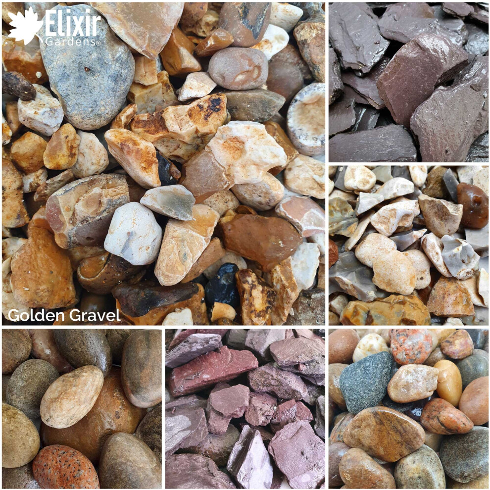 (Golden Gravel, 20kg x 6) Elixir Gardens Decorative Stone | Coloured Pebbles Cobbles Slate Gravel Chippings Aggregates | 1kg, 5kg, 10kg, 20kg Bags