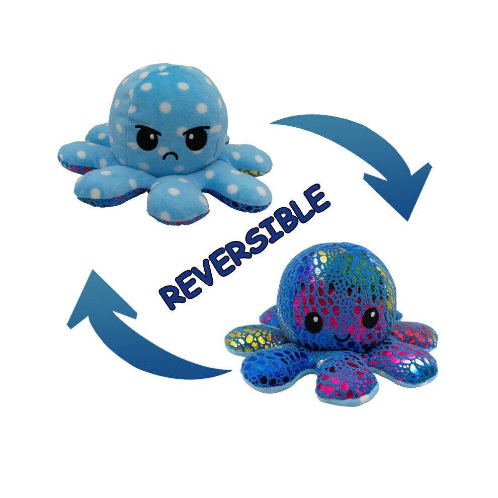 (Multi Blue + Dot Blue) Double-Sided Flip Reversible Octopus Plush Toy