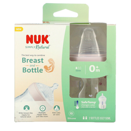 NUK, Simply Natural, Bottles, 0+ Months, Slow, 2 Pack,150ml Each 1