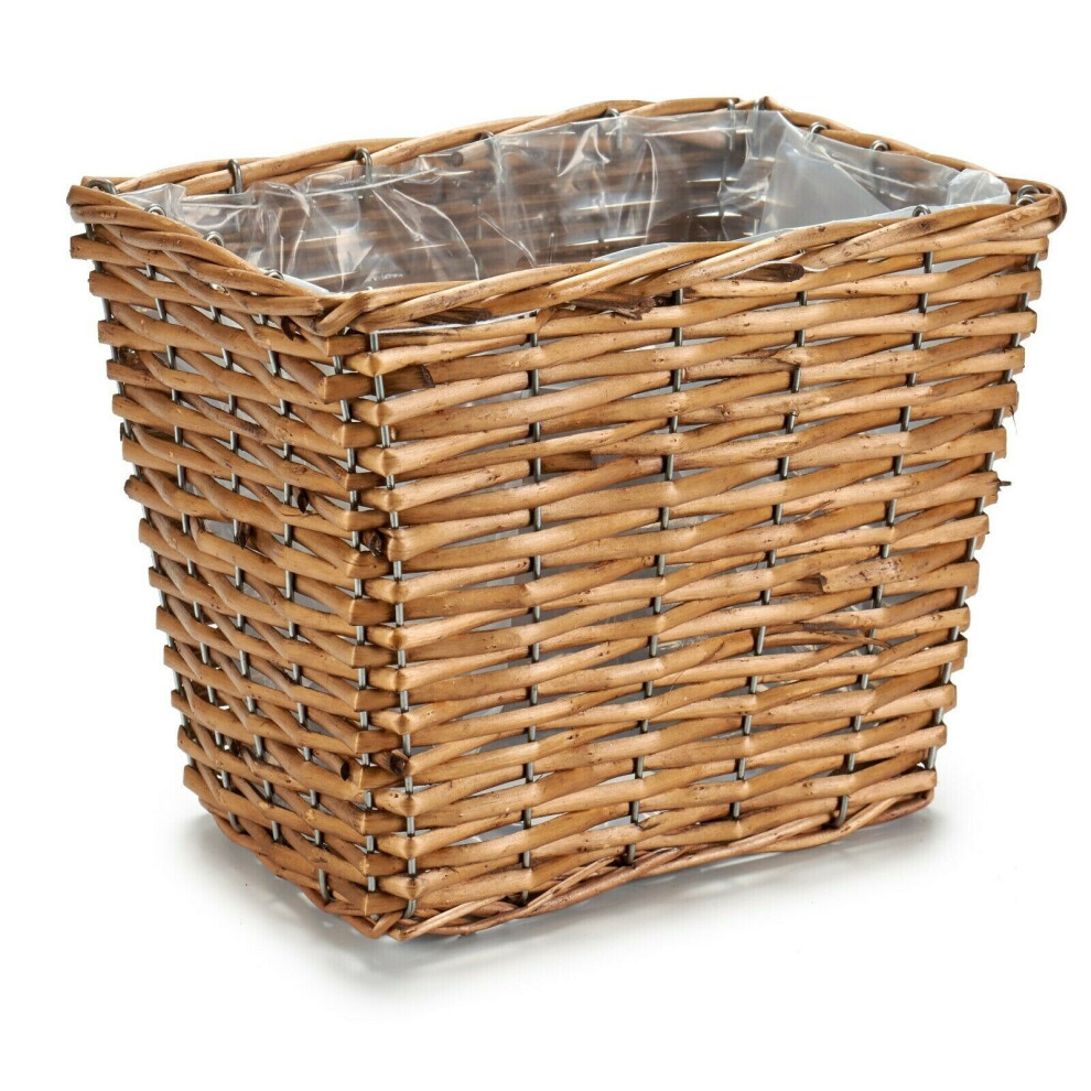 18cm Small Brown Wicker Flower Basket , Plastic Lined Rectangular Pot