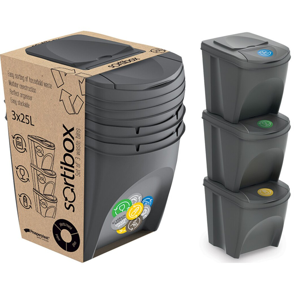 3 x 25L Recycle Bins Food Stackable Waste Recycling Kitchen Garden Dustbin Lids