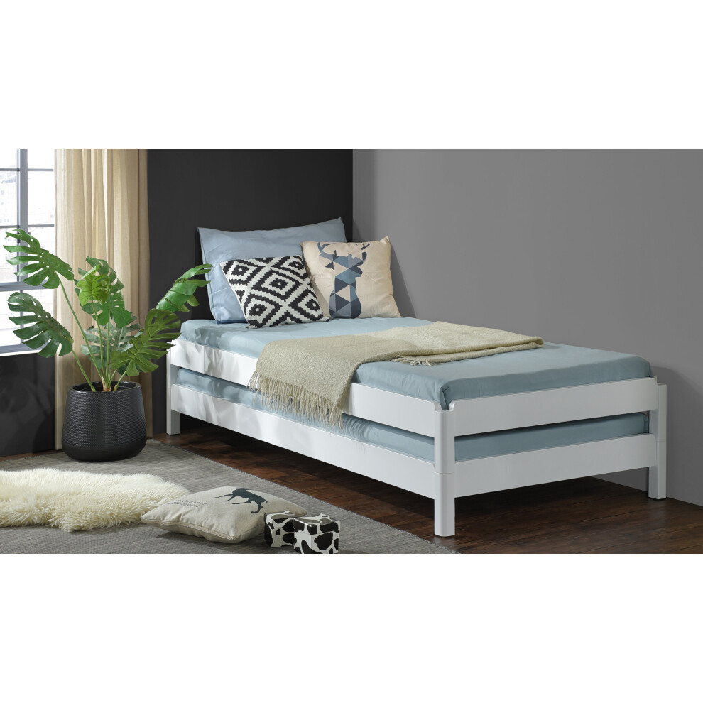 (Without Mattress (Frame Only)) White Wooden Stacking Bed. 3in1 Guest Bed