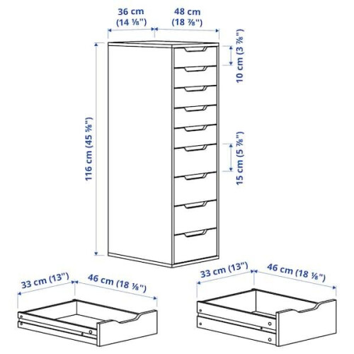 ALEX Drawer unit with 9 drawers, grey-turquoise 36x116 cm 1