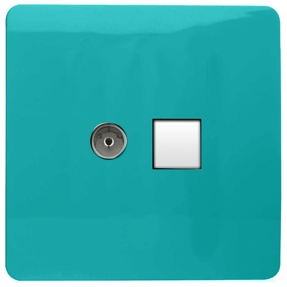 Trendi Artistic Modern Glossy Tactile TV Co-axial Socket + Telephone Socket Bright Teal