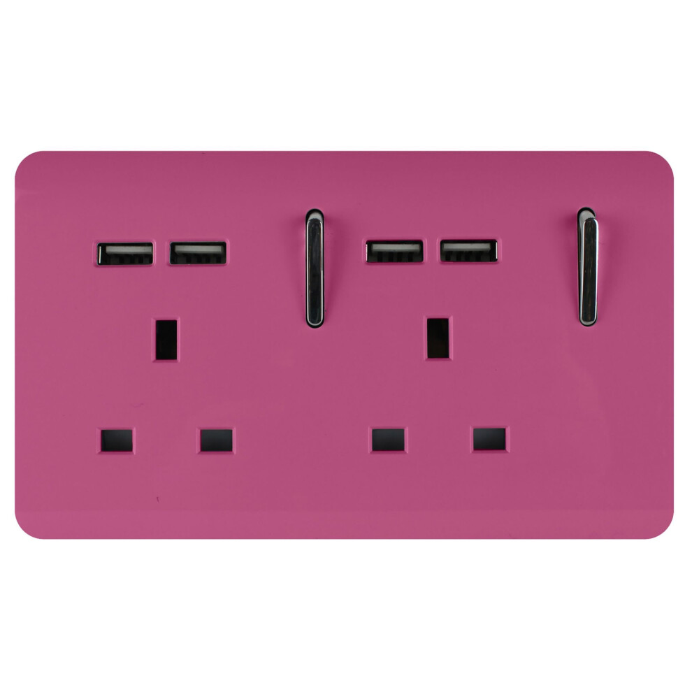 Trendi 2 Gang Artistic Modern Glossy 13 Amp 4X2.1ma Usb Switched Tactile Plug Socket Pink 7091051489329