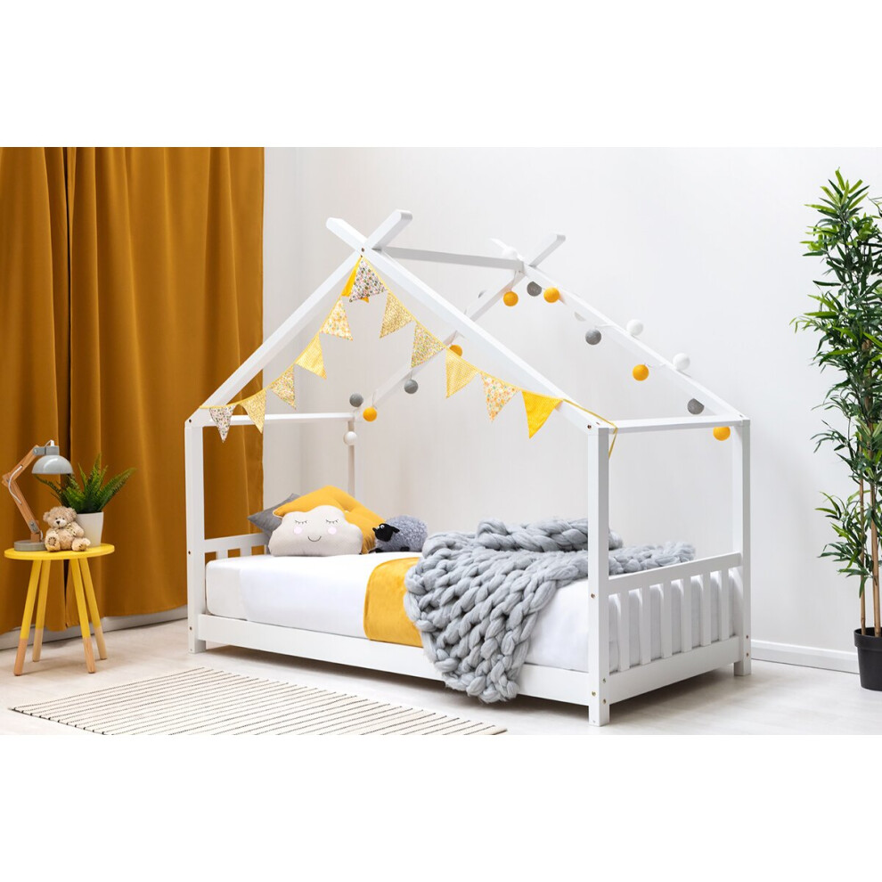 (White) Kids Wooden Canopy House Bed Frame Single Size