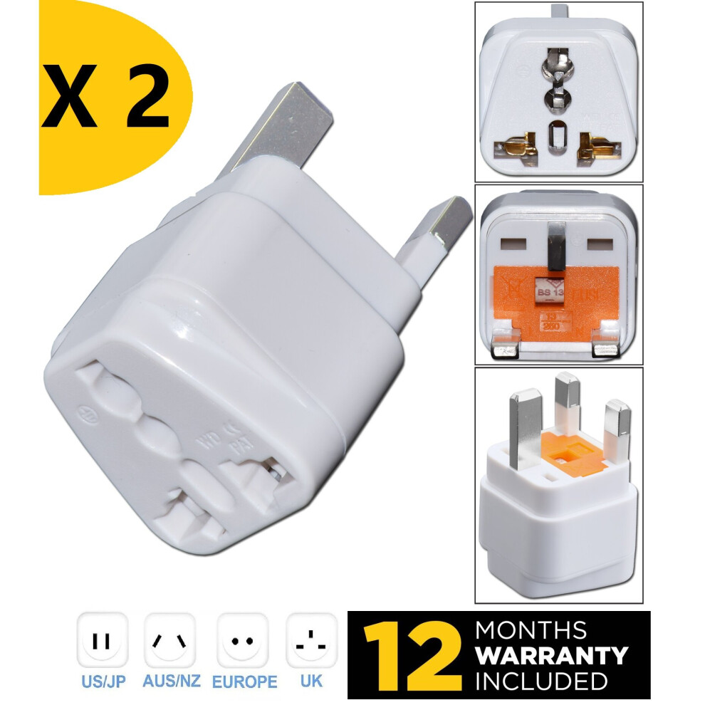 2X Universal To Uk 3 Pin Plug Visitor Travel Adaptor Eu Au Us Hk India