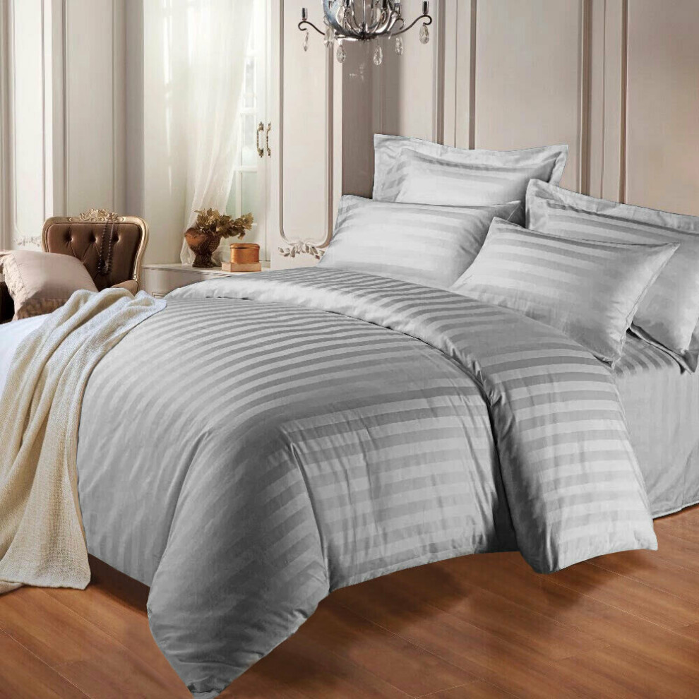 (Grey, Double) Satin Stripe Duvet Quilt Cover Bedding Set