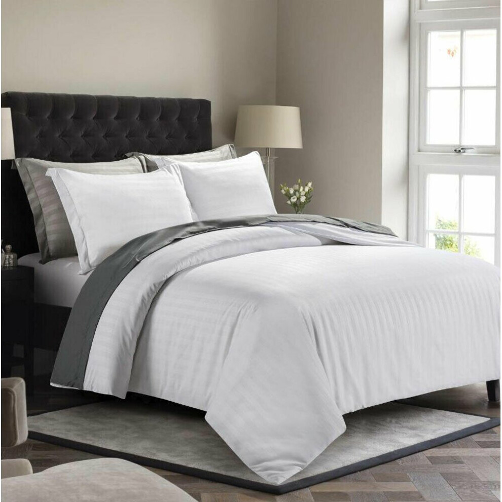 (White, Super King) Satin Stripe Duvet Quilt Cover Bedding Set