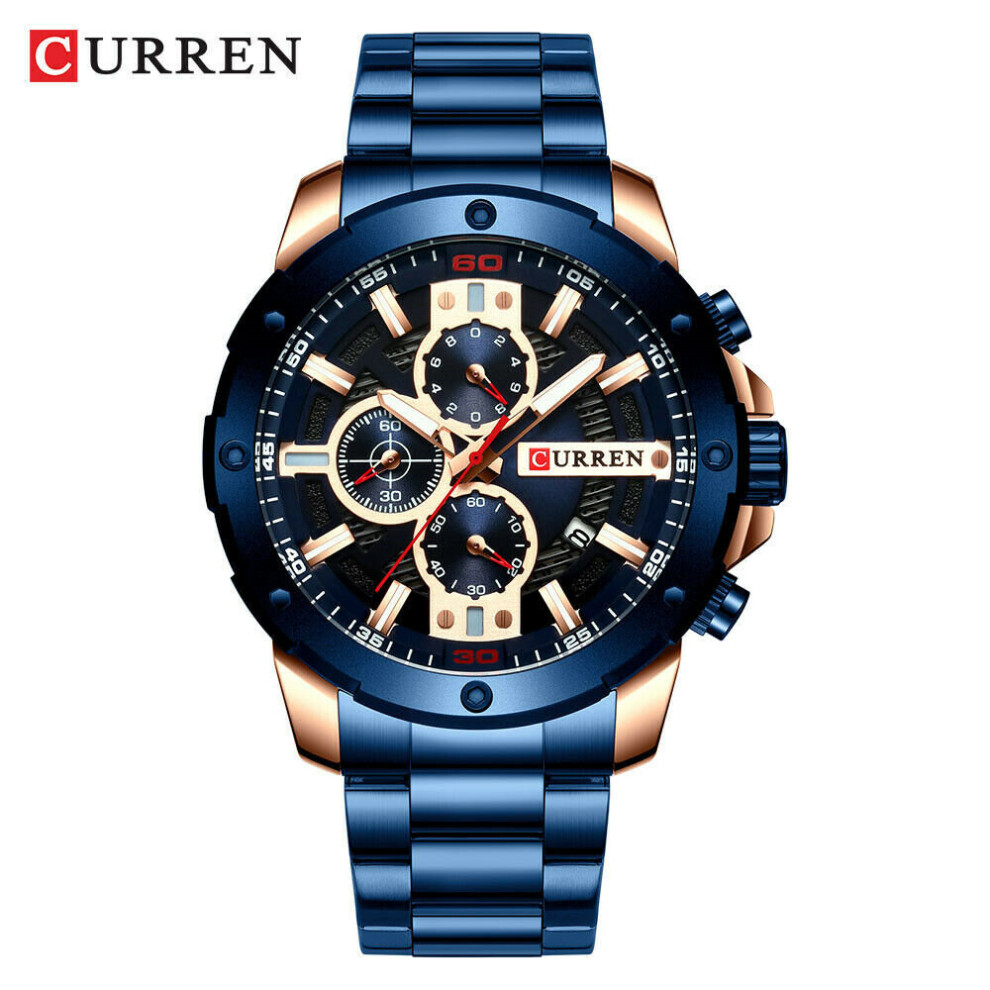 Curren (Blue) Men Watches Stainless Steel Wristwatch Male Chronograph Quartz Watch Gift Blue