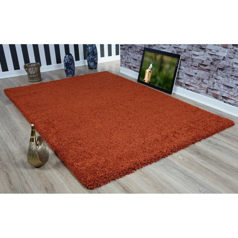 (Modern Terracotta Burnt Orange Small - Large Living Room Area Plain Shaggy Rug) Terracotta Burnt Orange Small - Large Shaggy Rug