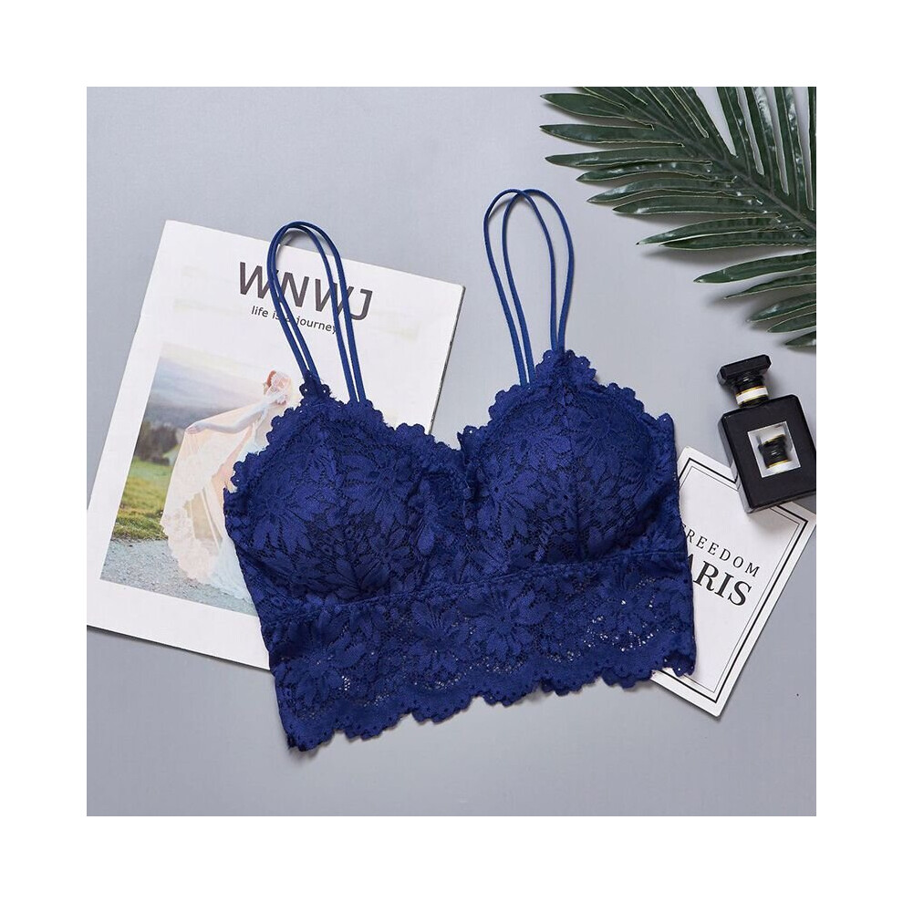 (Blue, XL) Womens Backless Lace Floral Bralette Crop Top Bra