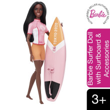 Barbie Olympische Spiele Tokio 2020 Surferpuppe mit Surfanzug, Jacke, Medaille, Surfbrett