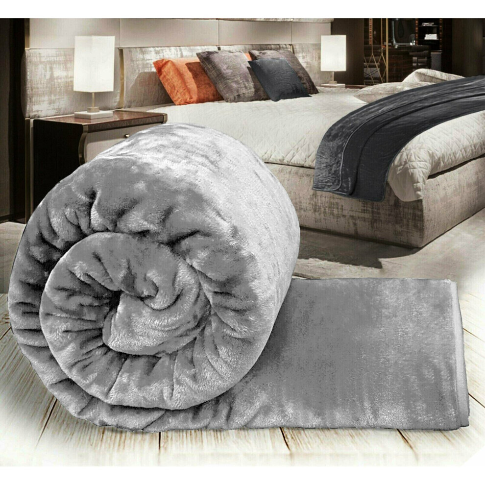 (SILVER) SOFT FAUX FUR FLEECE BLANKET SOFA BED GREY THROW