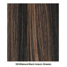 (FS1B.30 Natural Black/Auburin) Sleek Kimora Wig long, tousled curls, smooth, side swept fringe bohemian look