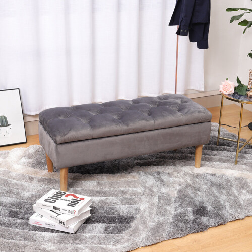 Living And Home Velvet Storage Bench with Rubber Wooden Leg