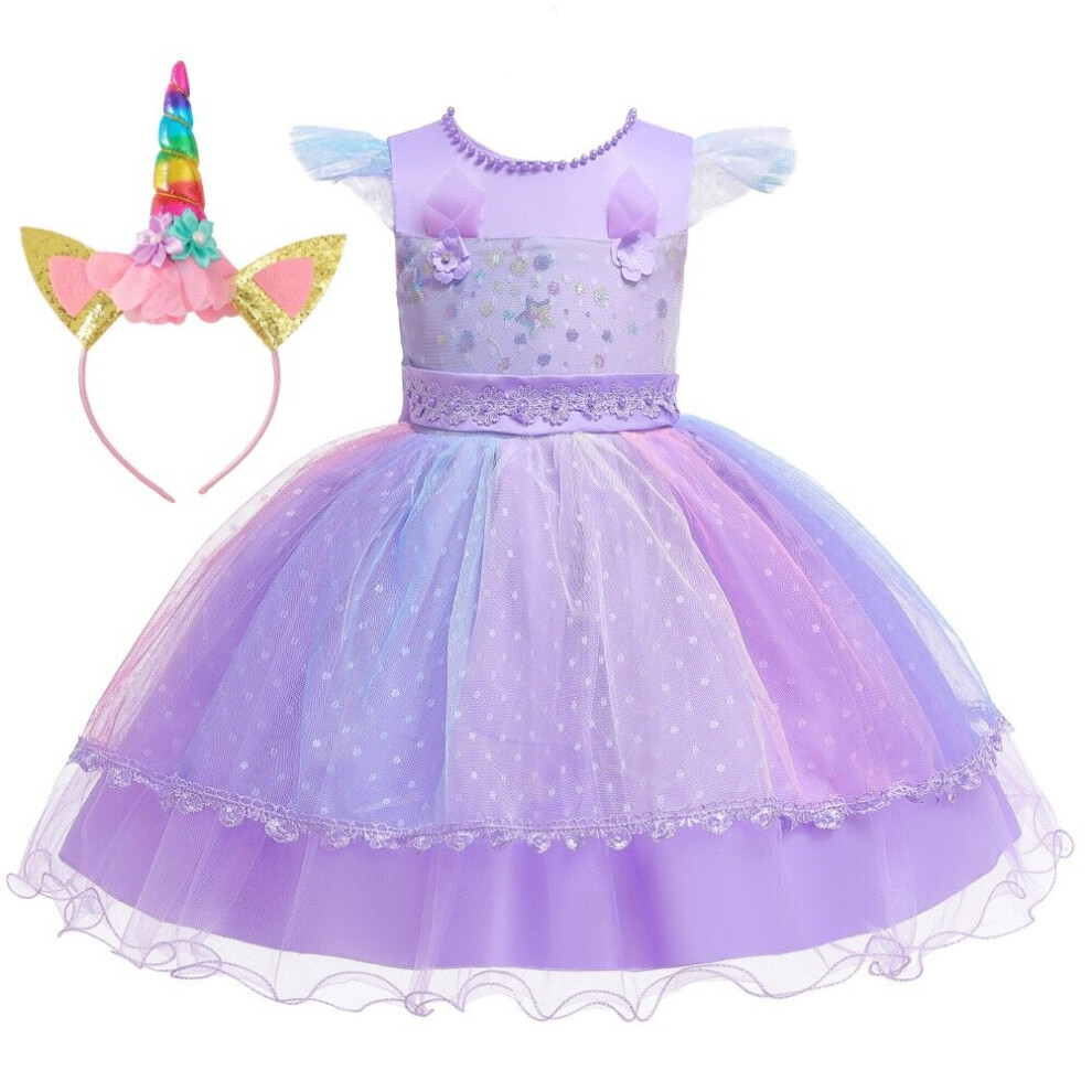 (Purple, 4-5 Years) Girls Unicorn Headwear Layer Prom Party Gown Dress