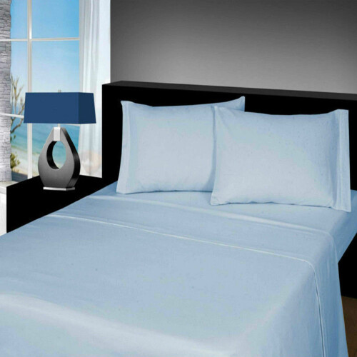 (Double, Lt Blue) Flannelette Sheets Set 4PC 100% Brushed Cotton Thermal Fitted Flat Sheets Pillowcases