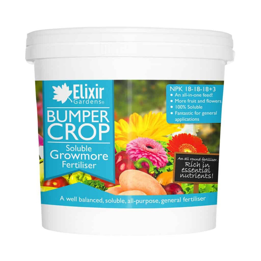 (Tub, 1kg) Elixir Gardens | Bumper Crop | Soluble Growmore |18:18:18 Complete Feed | General Purpose, All Round Fertiliser | Bag or Tub