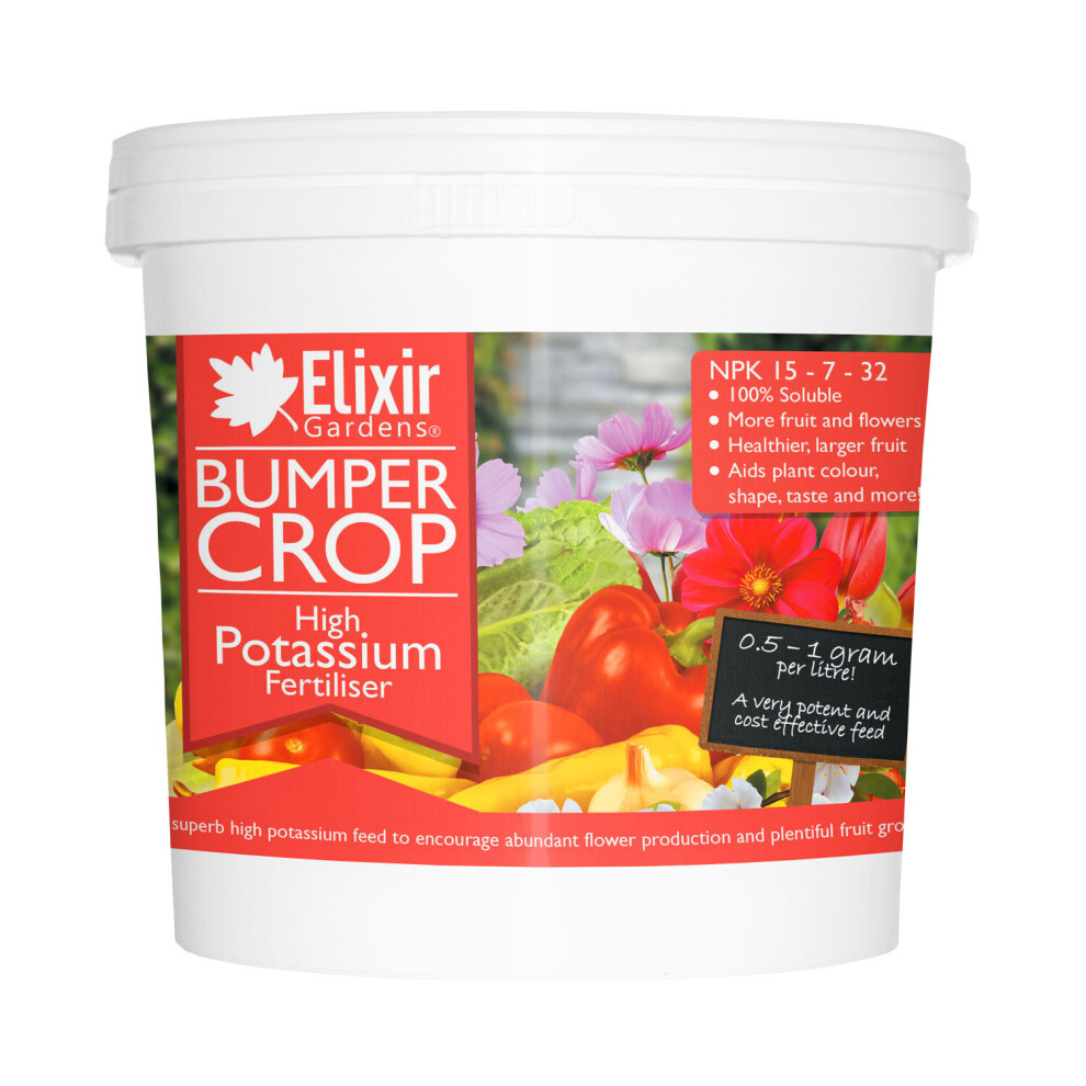 Elixir Garden Supplies (Tub, 15Kg) Elixir Gardens | Bumper Crop | High Potassium Fertiliser - 15 : 7 : 32 + 3Mg | For Large Fruit And Colourful Flowers | Bag Or Tub