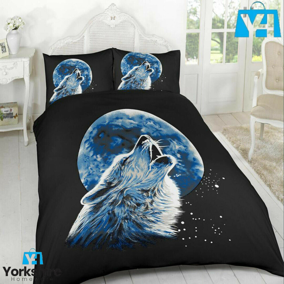 (King With Two Pillow Wolf Moon White Light) 3D Animal Printed Wild Life Duvet Quilt Bedding Cover Set Pillow Cases Polyester