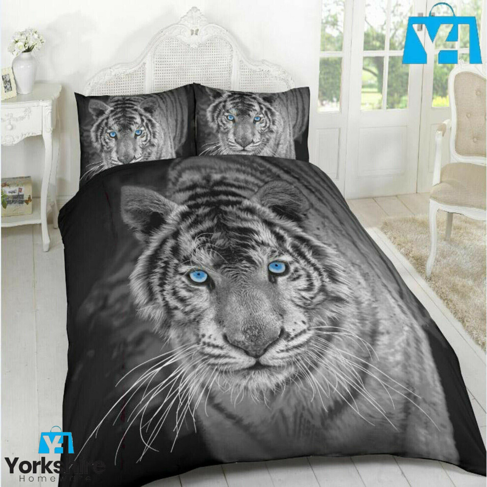 Yorkshire Homeware Ltd (Double With Two Pillow, Black White Tiger) 3D Animal Printed Wild Life Duvet Quilt Bedding Cover Set Pillow Cases Polyester White,Black