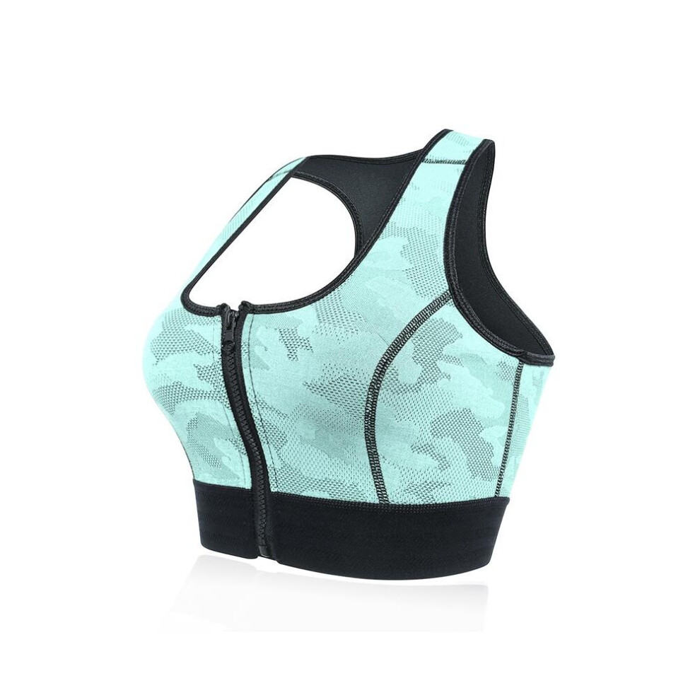 (Light Green, 12) Front Zipper Racer Back Sports Bra