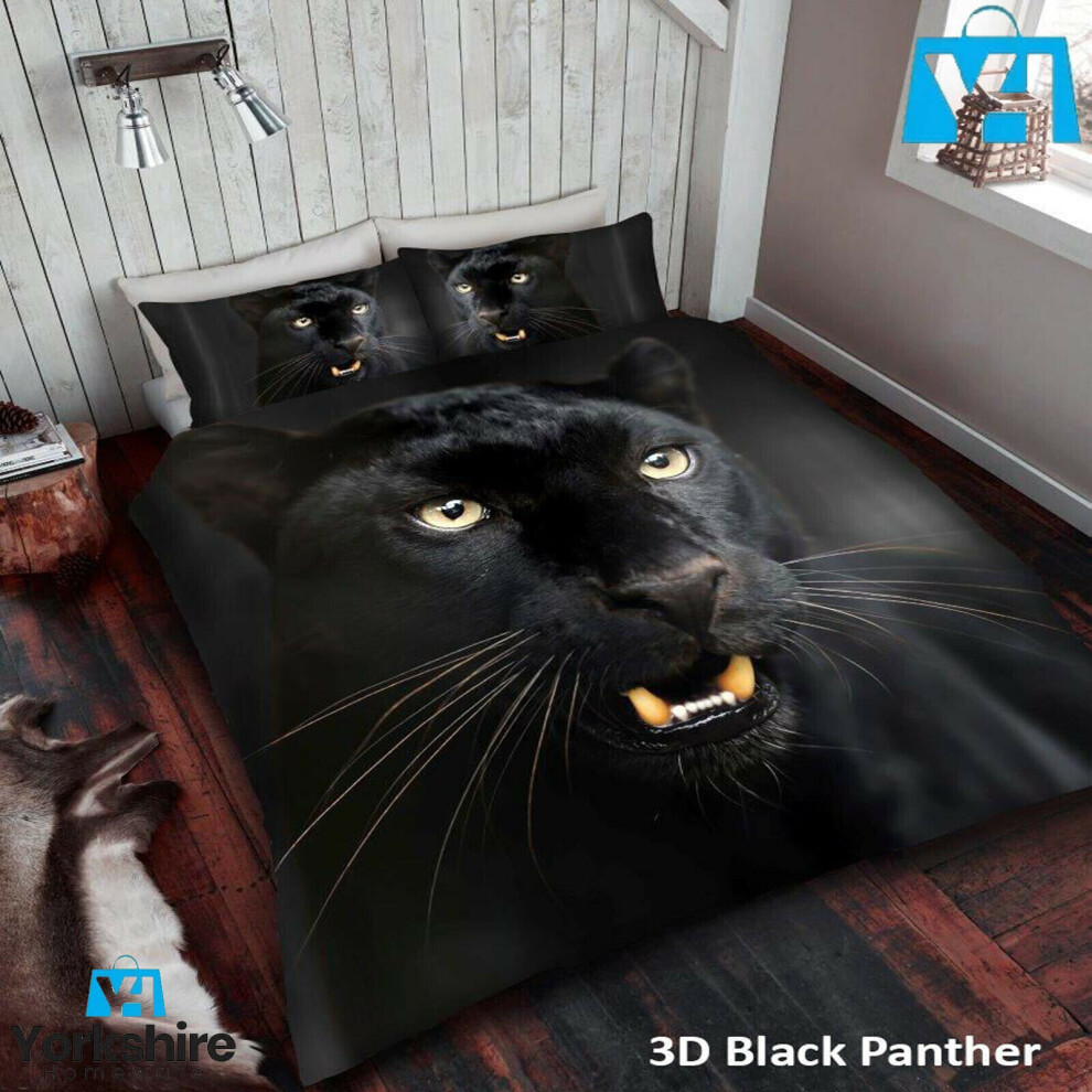 (Double With Two Pillow Black Panther) 3D Animal Printed Wild Life Duvet Quilt Bedding Cover Set Pillow Cases Polyester