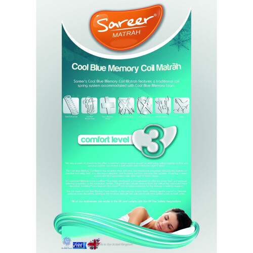(3FT Single 90cm) Sareer Cool Blue Memory  Foam Coil Mattress 1