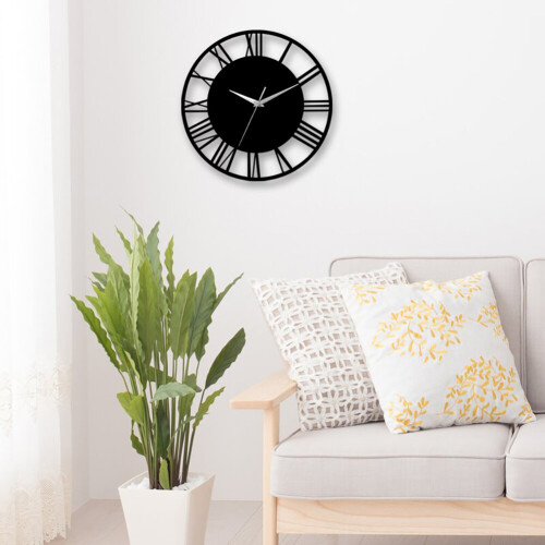 Living And Home (Black with Silver Hand) Wall Clock Roman Numeral Skeleton Home Office 1