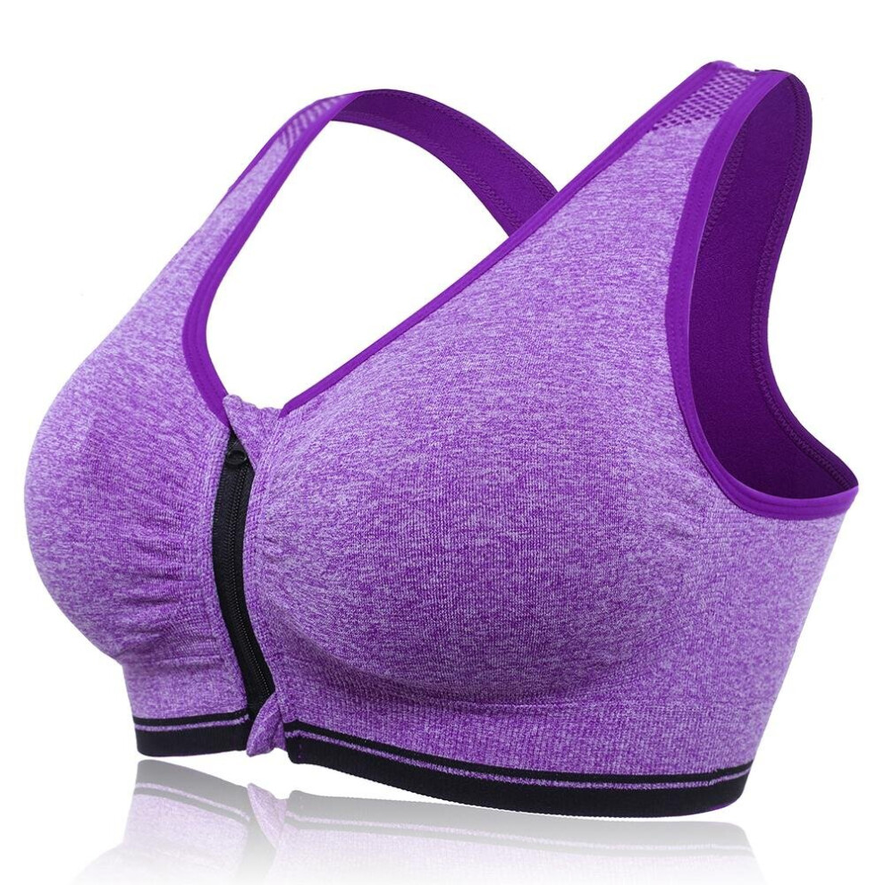 (Purple, 4) Front Zipper Fitness Shockproof Sports Bra