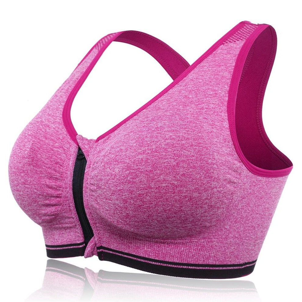 (Rose, 8) Front Zipper Fitness Shockproof Sports Bra