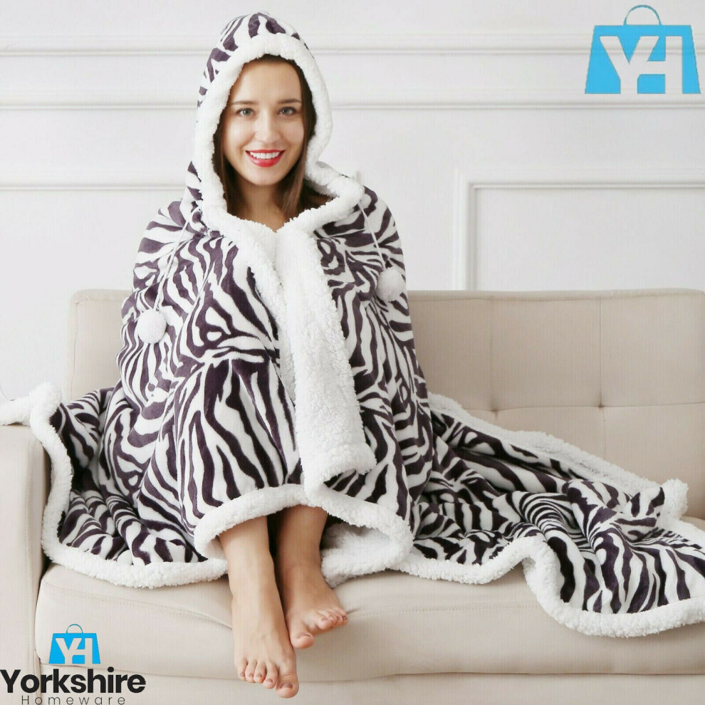 Zebra Skin Hooded Super Soft snuggle Blanket Sherpa Fleece Throw Xmas 130x180cm