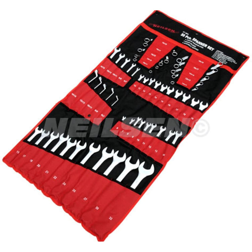 Neilsen CT3803 50 Piece Combination Spanner Wrench Set Professional Quality Metric Multi-Purpose in Hanging Roll Case Large