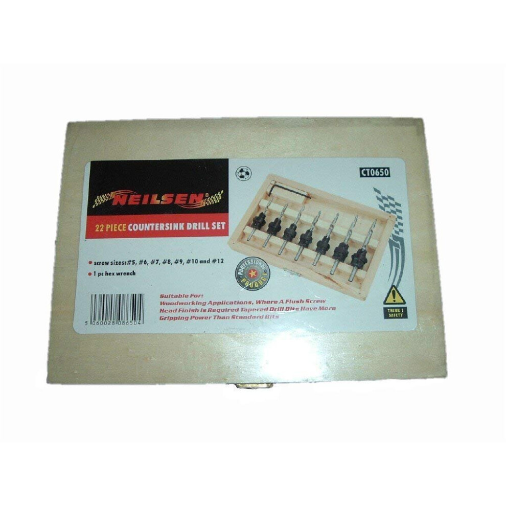 COUNTERSINK DRILL BIT SET IN WOOD CASE(7drill bits, 7countersink collars ,7 grub screws, 1 storage box)