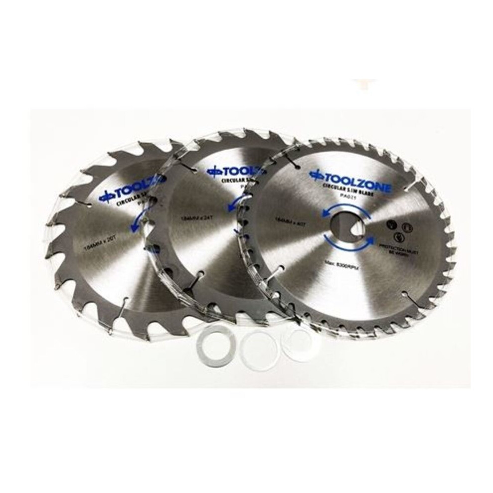 toolzone PA021 3PC 184mm TCT Circular Saw Blades 20, 24 & 40 Teeth with Adapter Orings, 12 V, Silver