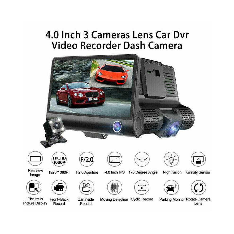 4" Car DVR 3 in 1 Dash Cam GPS 3 Lens Front and Rear Video Recorder Camera G-sensor