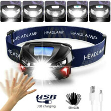 Waterproof Rechargeable USB Headlamp - 3-Mode Super Bright Head Torch, Hands-Free Wave Sensor, 70g for Camping & Fishing