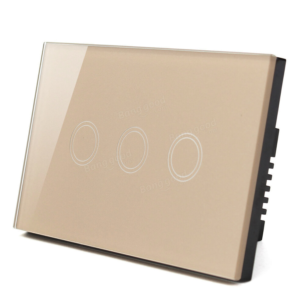 Ac 110V-240V 120-Type 1 Way 3 Gang Crystal Glass Remote Panel Touch Led Light Sensor Switch Controller With Black Remote Control Golden 4151093670475