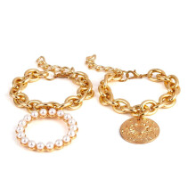2 Set Exaggerated Crab Pearl Bracelet Hallow Metal Chain Bracelet Punk Multi Layer Bracelet For Women