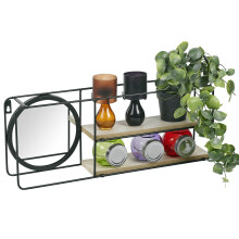 Black Wall Storage Shelves with Built-In Round Vanity Mirror and Light Oak Shelves – Modern Display Wall Rack