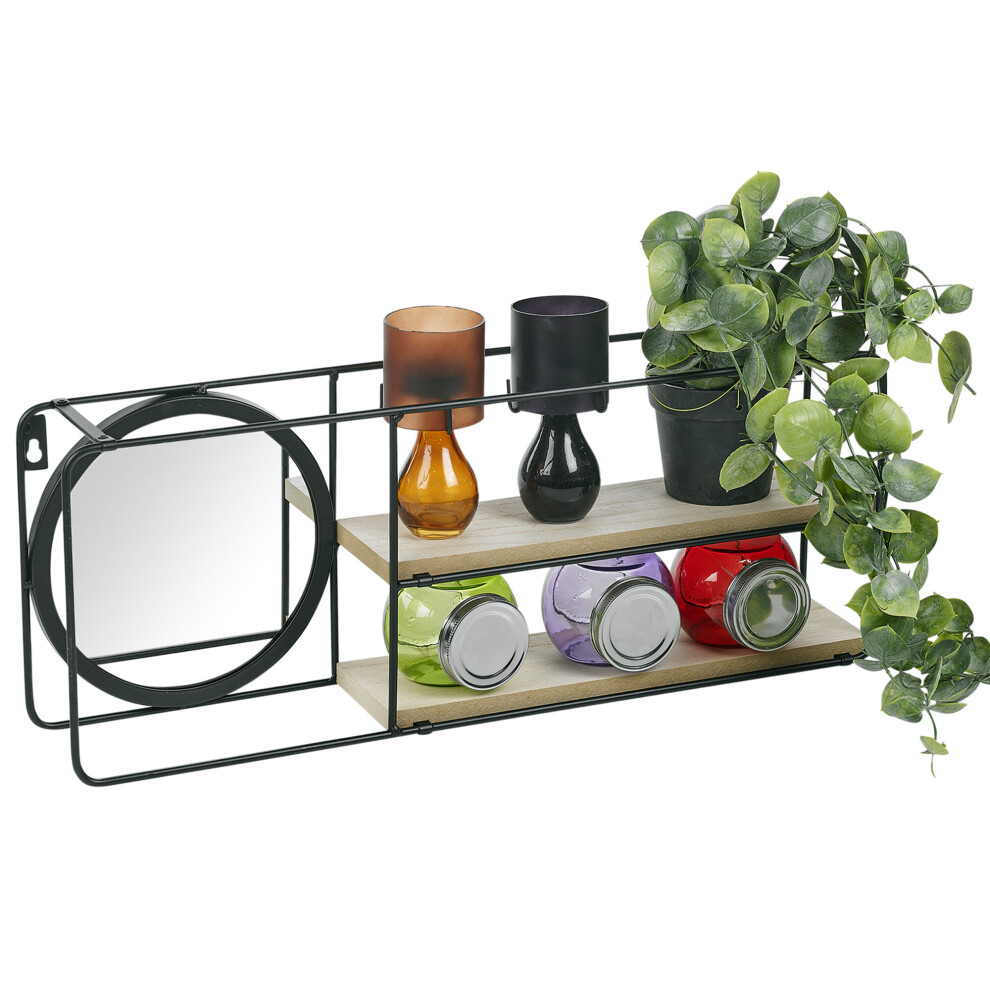 Hanging Wall Storage Shelves With Round Vanity Mirror