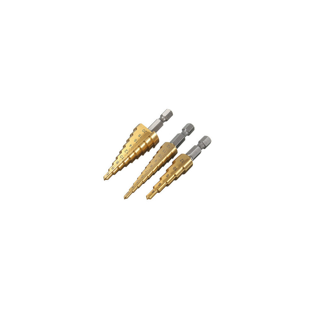 3Pcs Hss Step Cone Drill Bit Titanium Hole Cutter Set 3-12/4-12/4-20Mm 840079084484