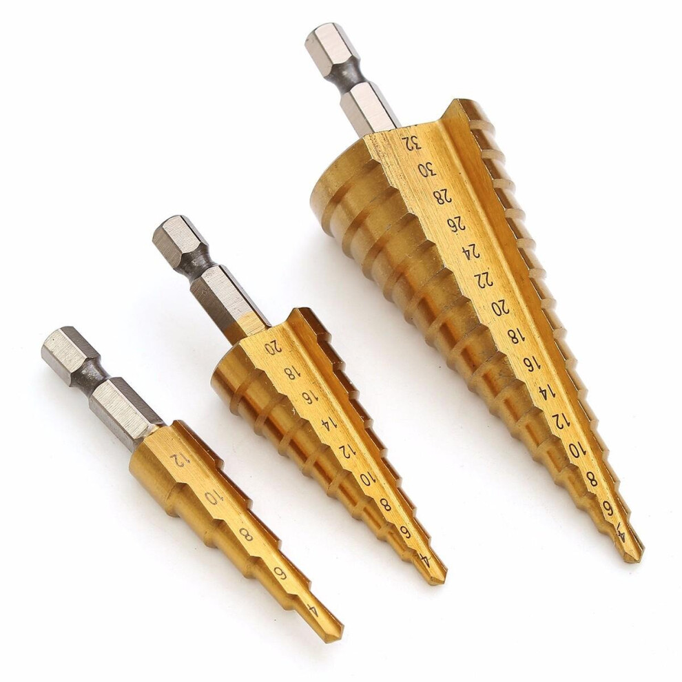 4-12/20/32Mm Hss Titanium Step Cone Drill Bit Hex Shank Hole Cutter 1/4 Inch Hex Shank 8651948789636