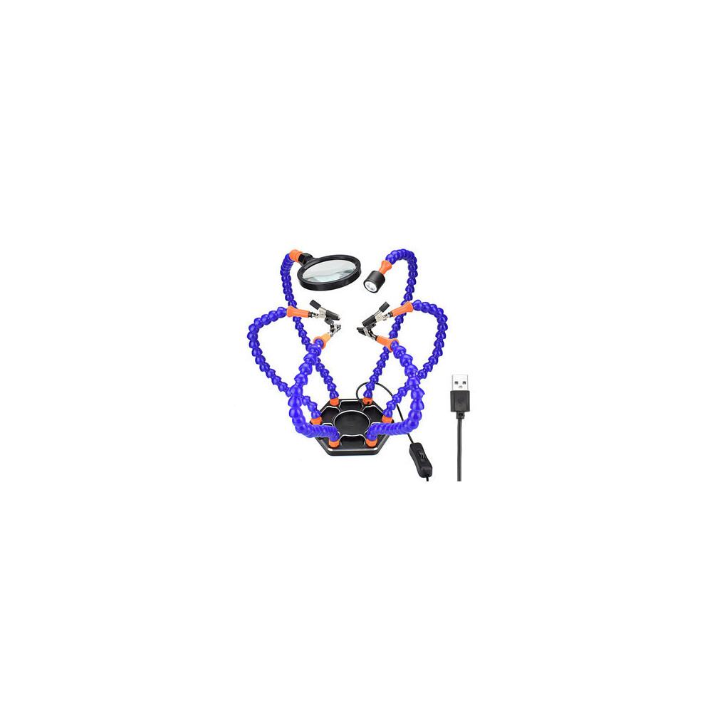 Six Arms Solder Iron Stand Holder Third Hand Soldering Pcb Fixture Tool Helping Hands With Magnifier Mini Led Flashlight Usb Charge 6901722556018