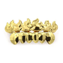 Hip Hop Flame Gold Plated Tooth Braces Top & Bottom Grills Caps Cosplay Party Tooth Rapper Jewelry Gift