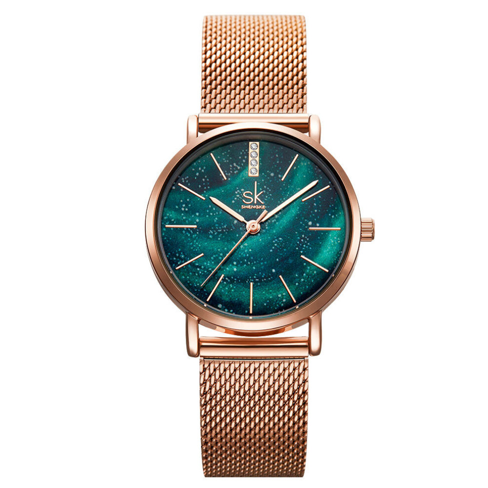 SK K0103 Aurora Starry Dial Crystal Women Elegant Mesh Steel Strap Quartz Watch GREEN COLOR-image-OPC-P79CTFN-NEW