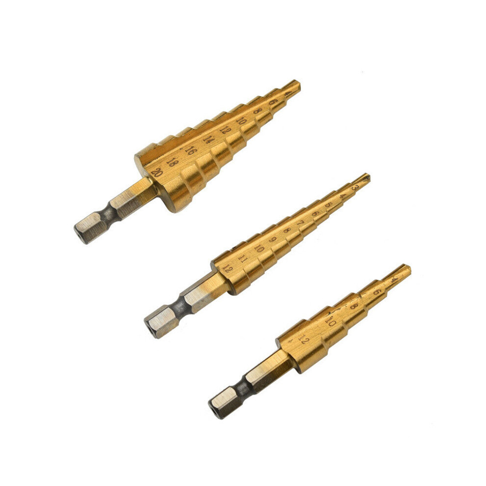 3Pcs Hss Titanium Coated Step Drill Bits Pagoda Drill Quick Change 840079354600