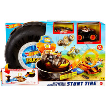Hot Wheels Monster Trucks Stunt Däckset med Arena, Launcher, 1:64 Bil & 1 Monstertruck, Bärbar Leksak