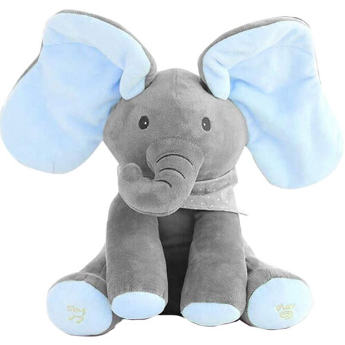 Gray+Blue) Peek-a-boo Elephant Plush Toy Singing Stuffed Doll Gift